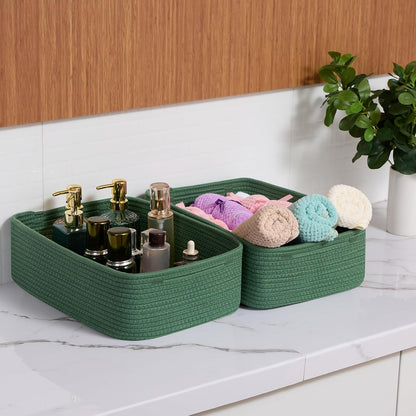 Large Shallow Organizing Baskets 15x11x5.1 Inches - Rope Woven Storage Bins for Bathroom, Shelves
