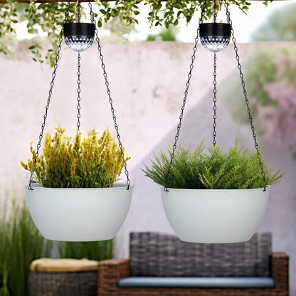 2 Packs Hanging Planters Basket for Outdoor Plants, Solar Powered Self Watering White Round Plastic