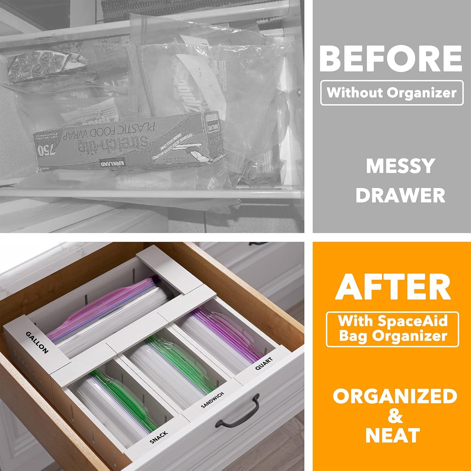 SpaceAid Bag Storage Organizer for Kitchen Drawer, Bamboo Organizer, Compatible with Gallon, Quart