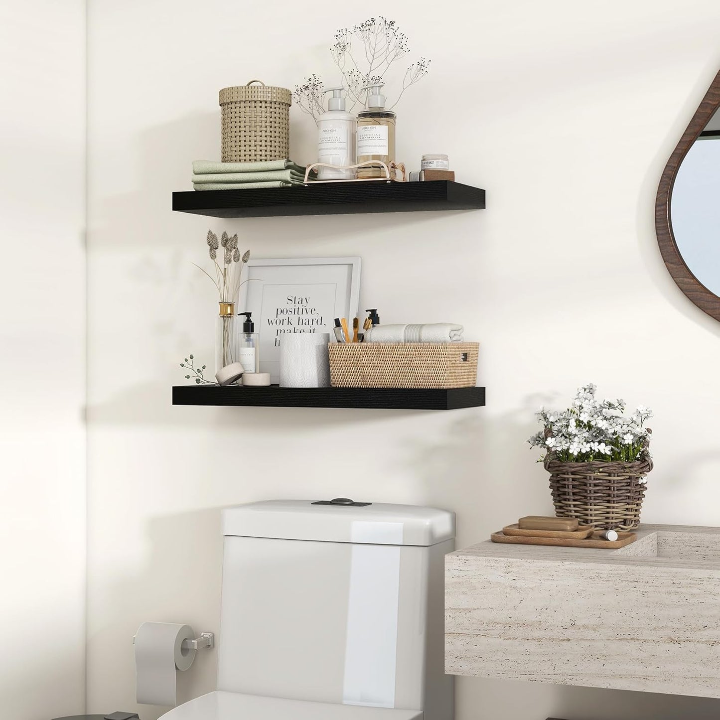 Heimlove 24 inch Floating Shelves for Wall,9.3 inch deep Black Wood Shelves with Invisible