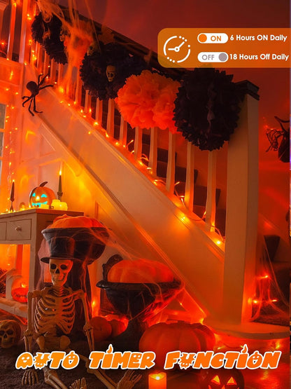 Halloween String Lights Battery Operated with Auto Timer, 33FT 100 LED Waterproof Orange String