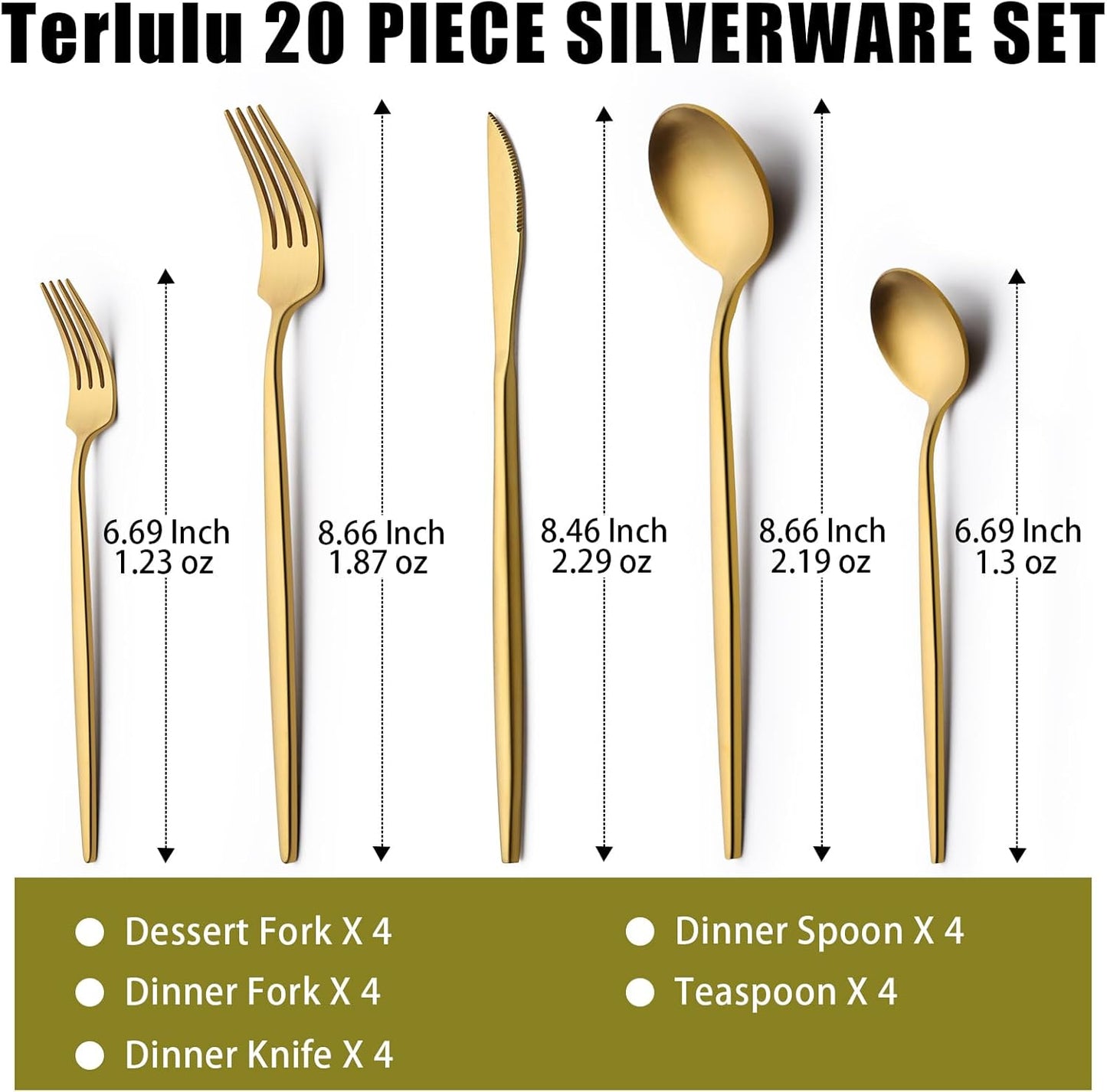 20 Piece Gold Silverware Set for 4, Terlulu Stainless Steel Flatware Set, Gold Cutlery Set Utensils