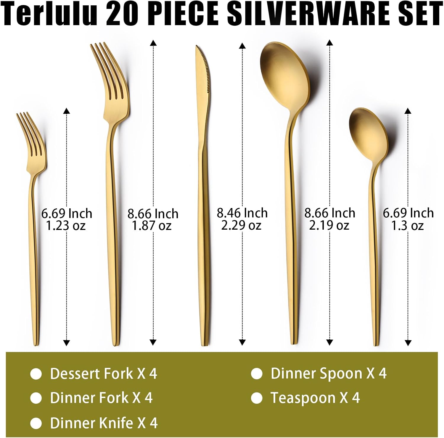 20 Piece Gold Silverware Set for 4, Terlulu Stainless Steel Flatware Set, Gold Cutlery Set Utensils