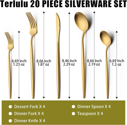 20 Piece Gold Silverware Set for 4, Terlulu Stainless Steel Flatware Set, Gold Cutlery Set Utensils