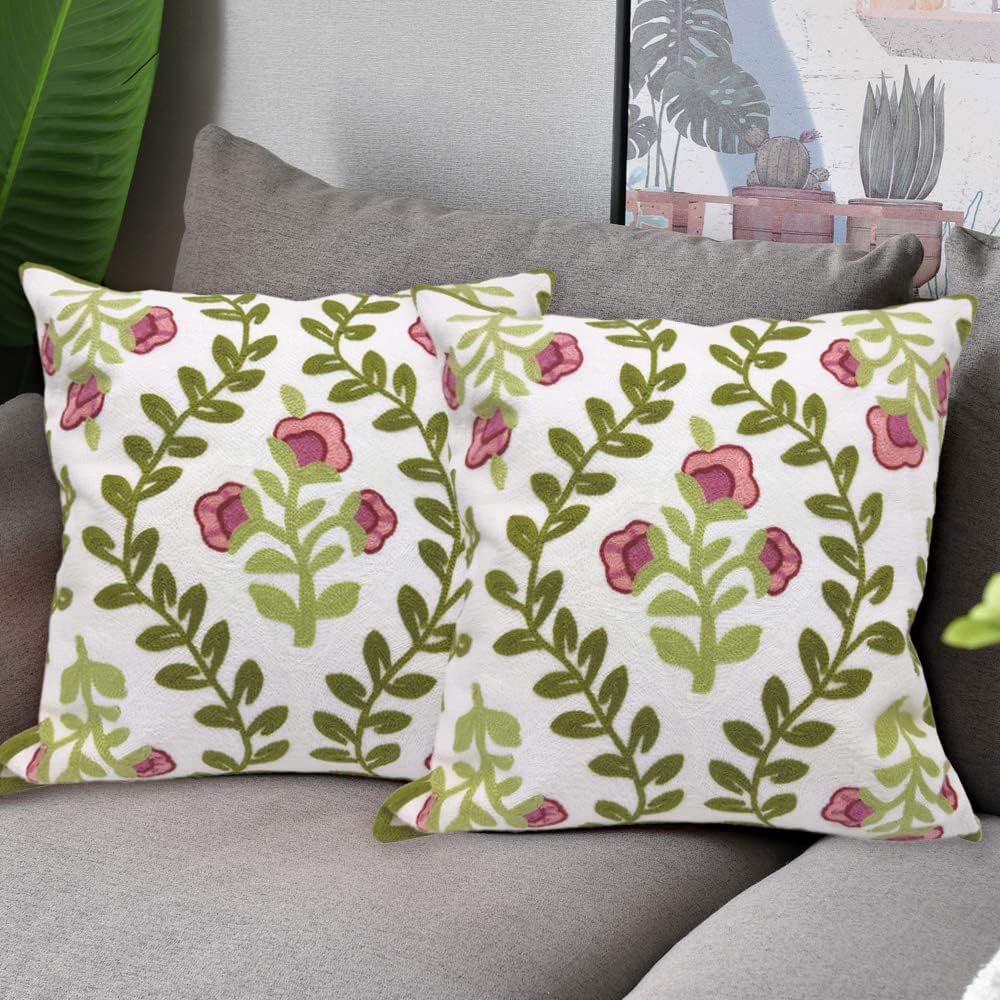 Alysheer Floral Embroidered Summer Decorative Throw Pillow Covers 18"x 18" Set of 2, Farmhouse