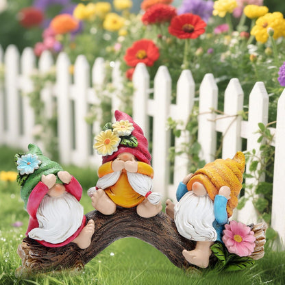Hodao Spring Hear-No, See-No, Speak-No Gnomes Figurines Decorations Outdoor Flower Gnome Ornaments