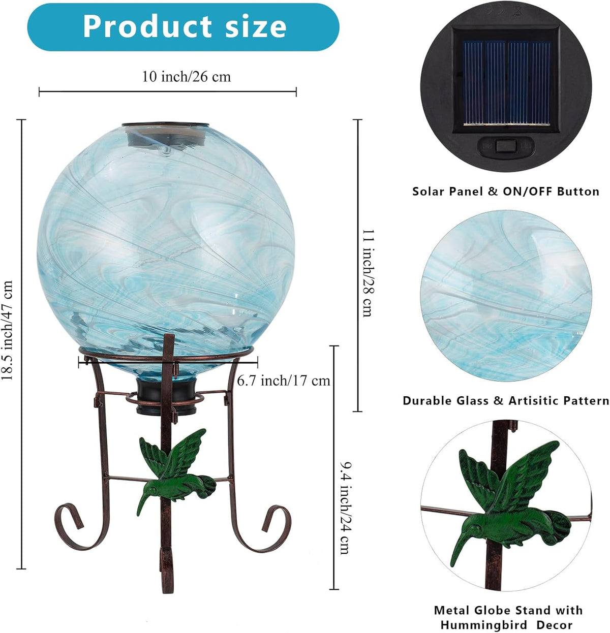 10 Inch Solar Glass Gazing Ball, with 9.4" Tall Metal Gazing Globe Stand, Solar Ball Lights Display