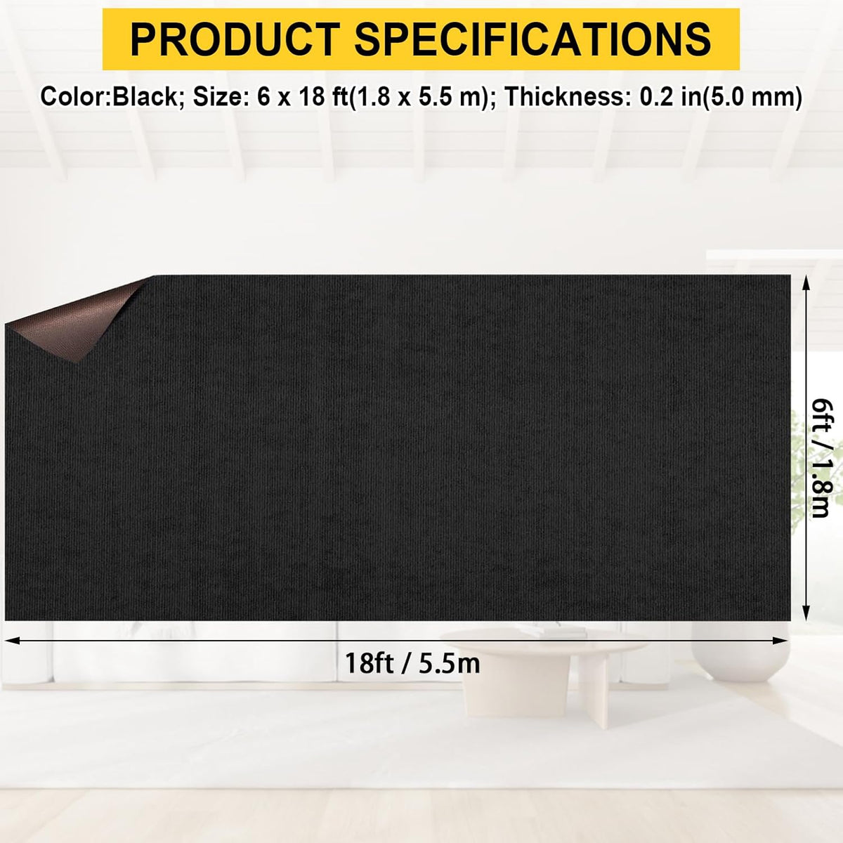 Marine Carpet - 6 FT x 18 FT Black Indoor/Outdoor Carpet, 0.2" Thick, Water-Proof TPE Backing