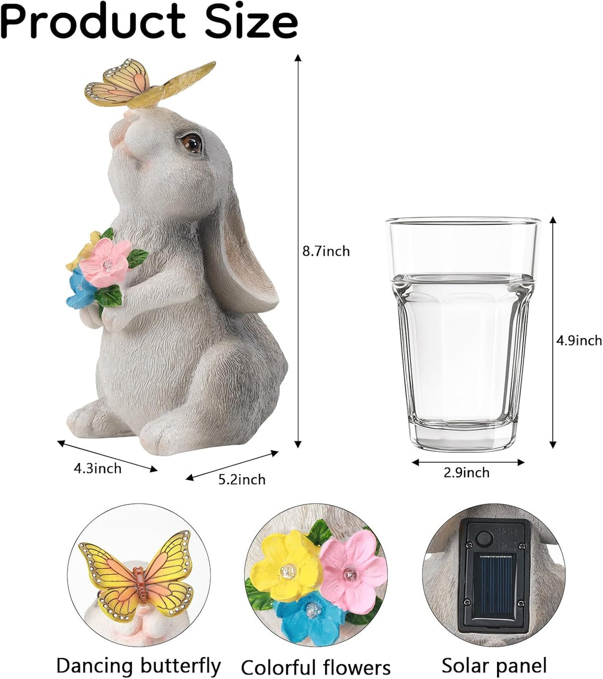 Solar Bunny Statues Light with Butterfly LED - Auto On/Off Weathproof Resin Garden Figurine Decor