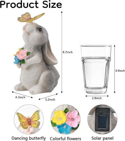 Solar Bunny Statues Light with Butterfly LED - Auto On/Off Weathproof Resin Garden Figurine Decor
