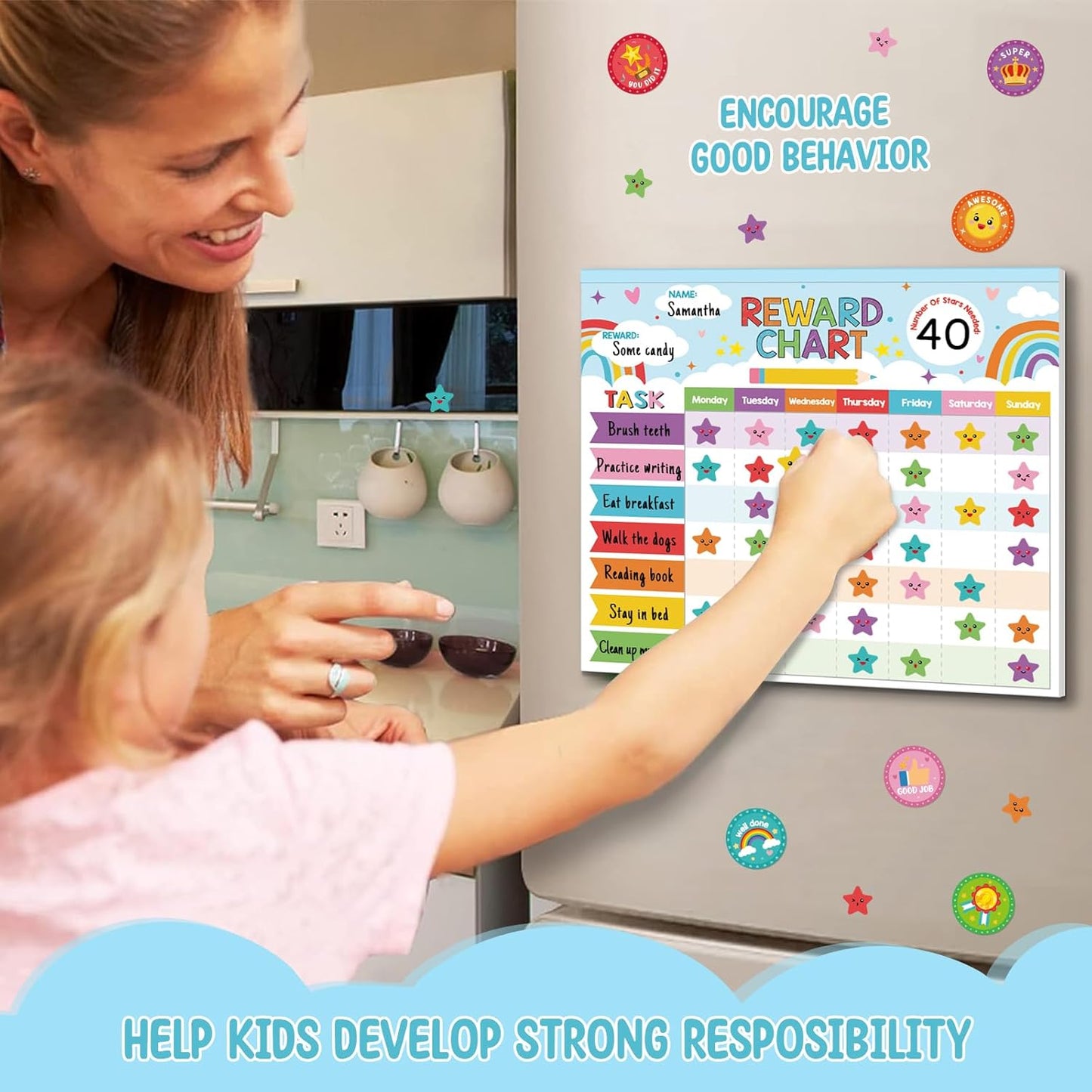 Reward Chart for Kids,Magnetic Behavior Chore Chart for Kids at Home,26 Rainbow Blue Chore