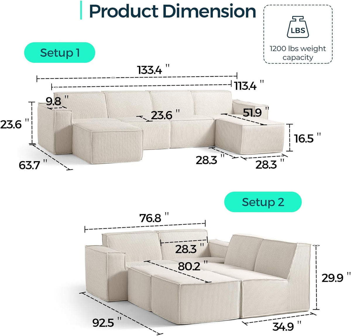 LINSY HOME Modular Sectional Sofa, 134" Boneless Couch U Shaped 4-Seat Sofa with 2 Movable