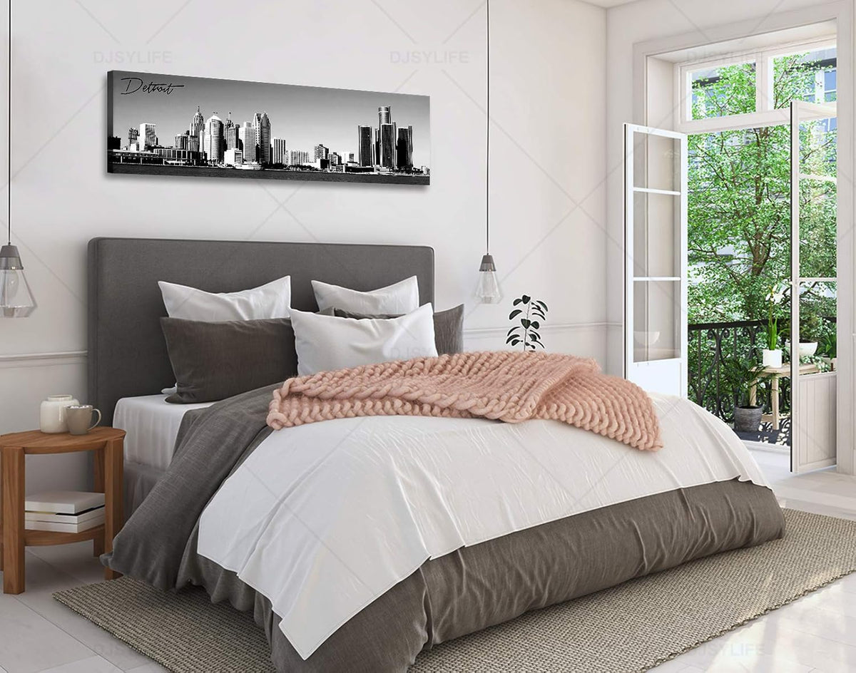 DJSYLIFE Detroit Skyline Wall Art Black and White Canvas Prints USA Skyscraper Panoramic Cityscape