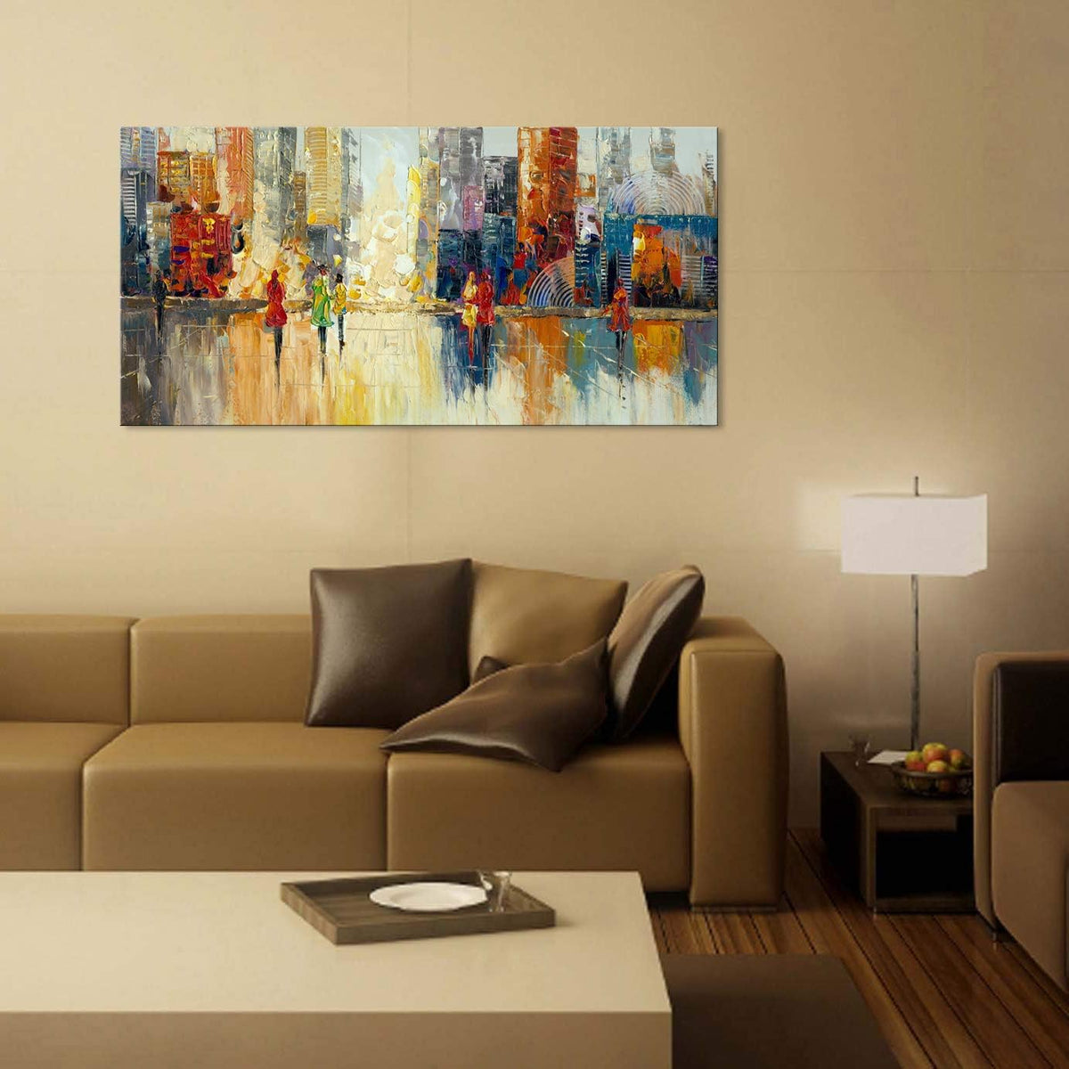 Canvas Wall Art Abstract Cityscape Painting Modern New York City Artwork Lady Romantic Street