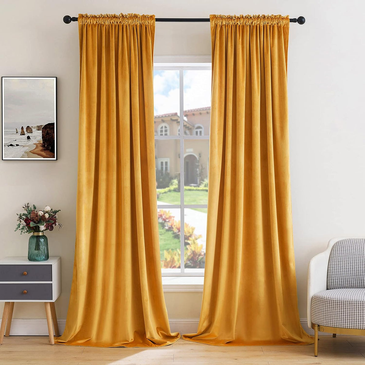 MIULEE Mustard Yellow Velvet Curtains Thermal Insulated Blackout Curtain Fall Drapes for Bedroom