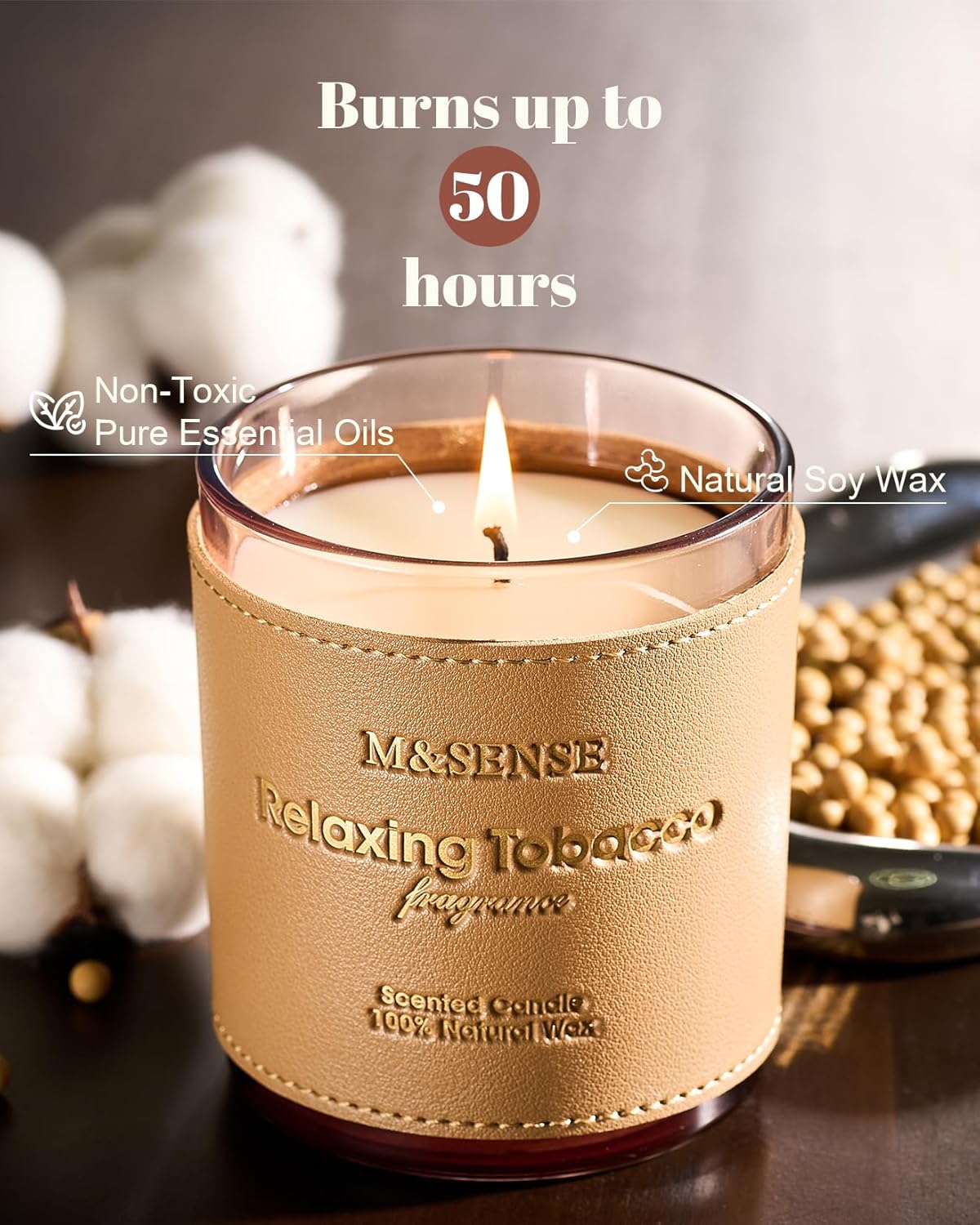 M&SENSE Cinnamon Tobacco Scented Candles,Vegan Soy Wax Candle,10oz 42-Hour Slow Burning Time,No