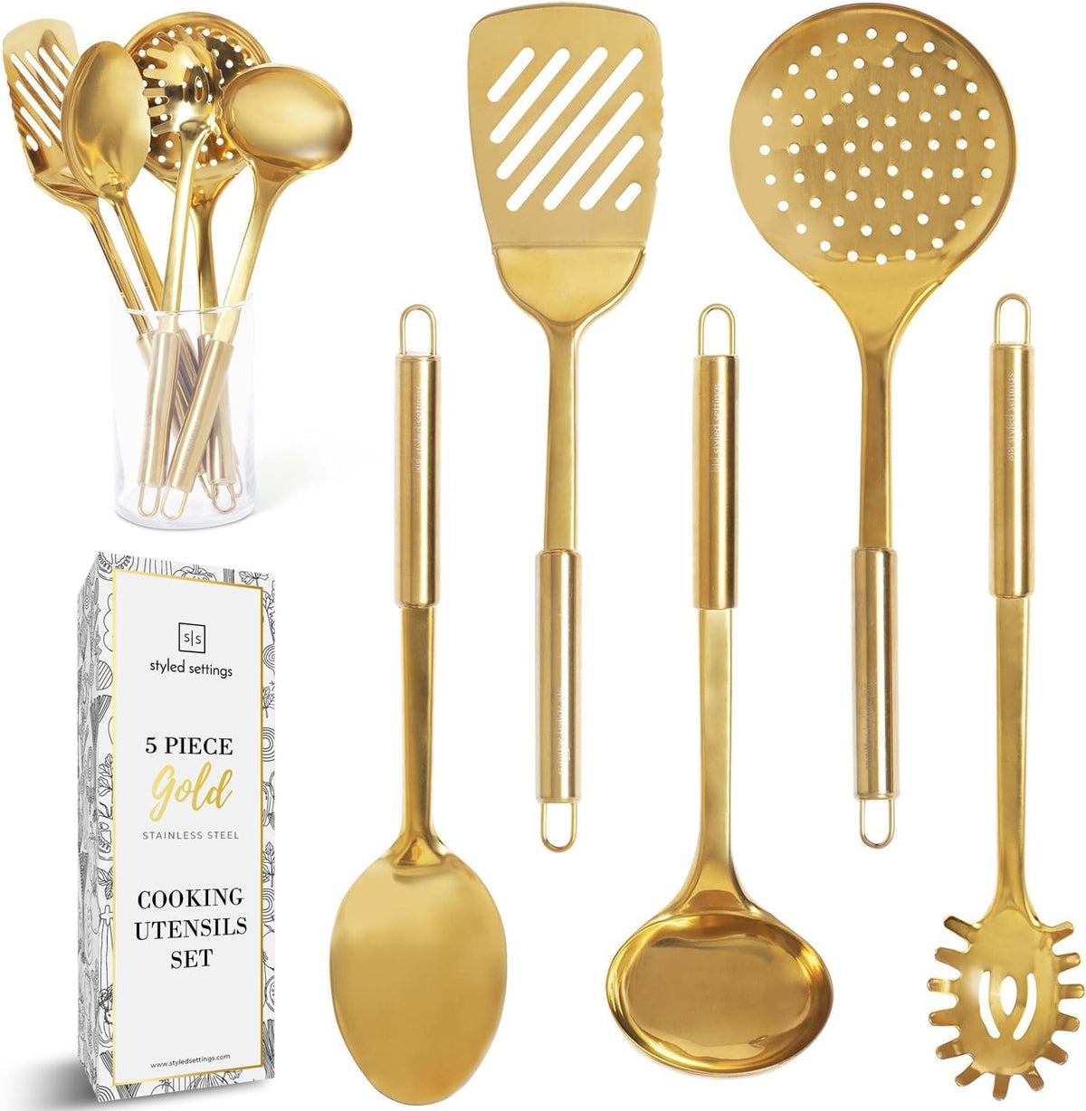 Gold Cooking Utensils Set – 5-Piece Stainless Steel Kitchen Tools for Modern Cooking and Serving