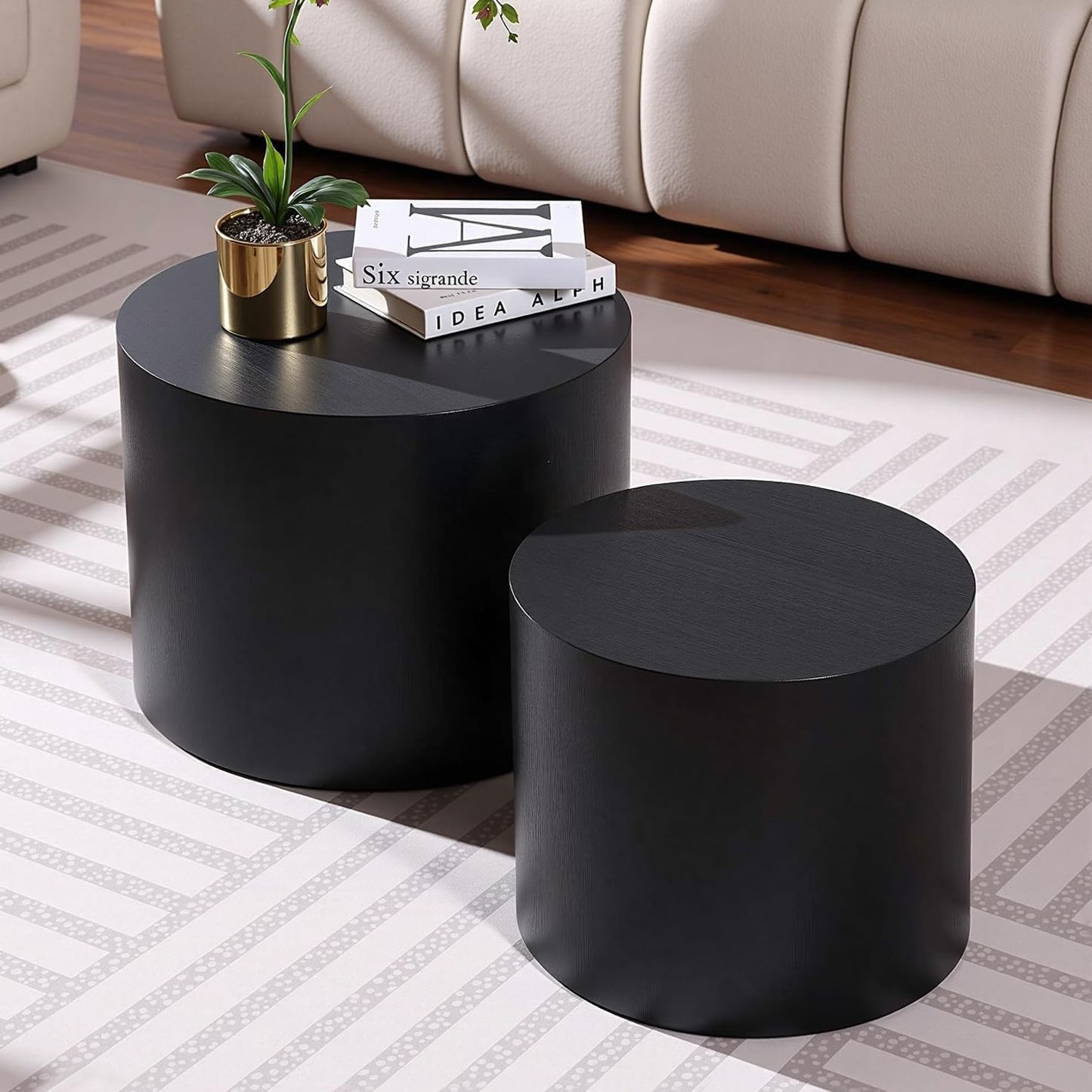 Nesting Coffee Table Set of 2, Modern Round Coffee Table with Non-Slip Feet, Wooden Circle Accent