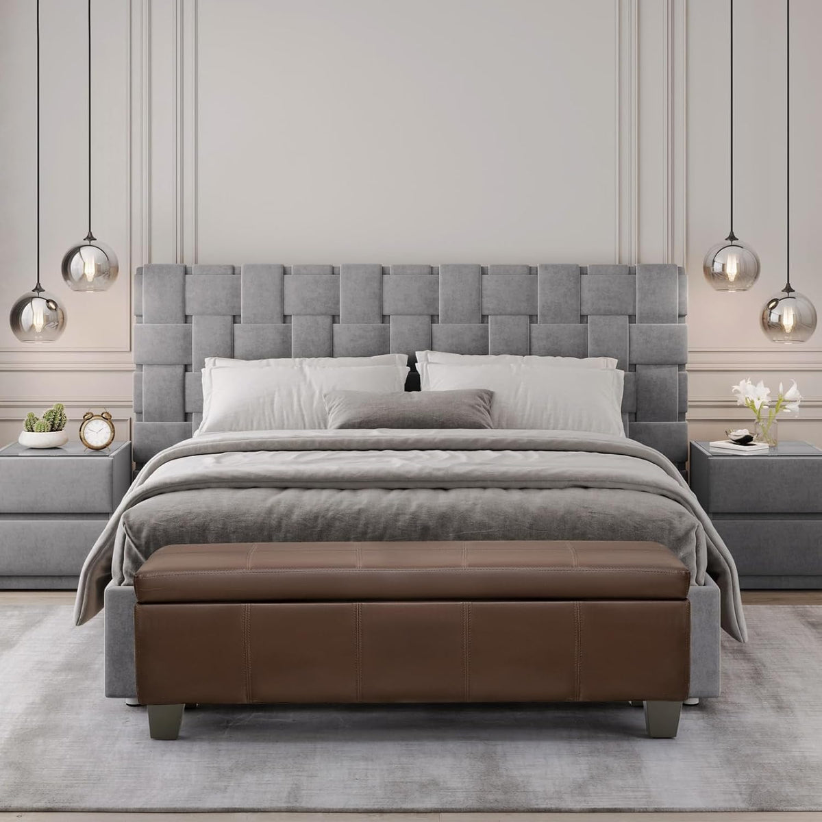 51 Inch Brown Faux Leather Ottoman with Storage, Rectangular Extra Long Bench, End of Bed Bench
