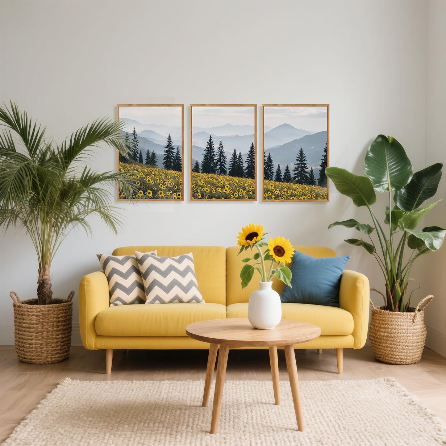 HPINUB Boho Sunflowers Landscape Framed Canvas Wall Art Set,Nature Pine Tree Wall Decor,Abstract