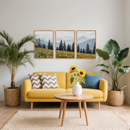 HPINUB Boho Sunflowers Landscape Framed Canvas Wall Art Set,Nature Pine Tree Wall Decor,Abstract