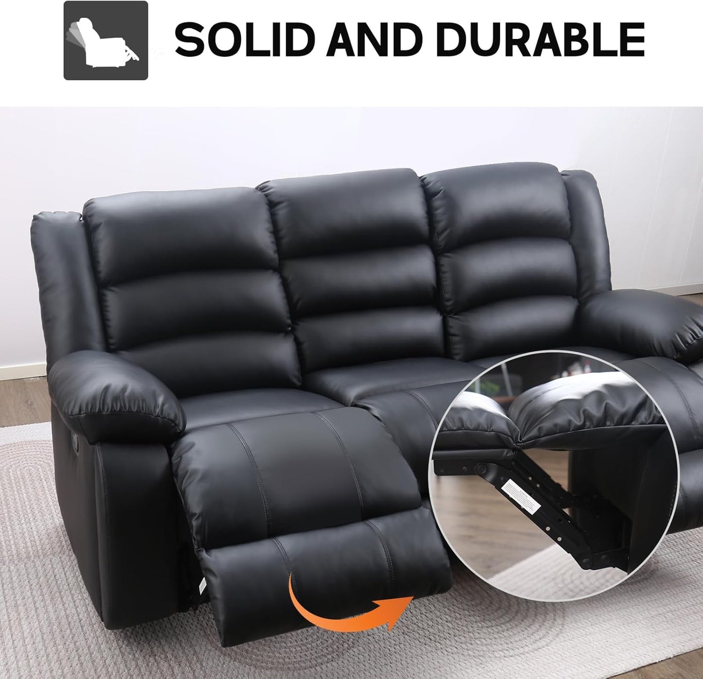 EBELLO Faux Leather Manual Reclining Sofa with 2 Concealed Cup Holders, Overstuffed Armrest 3 Seat