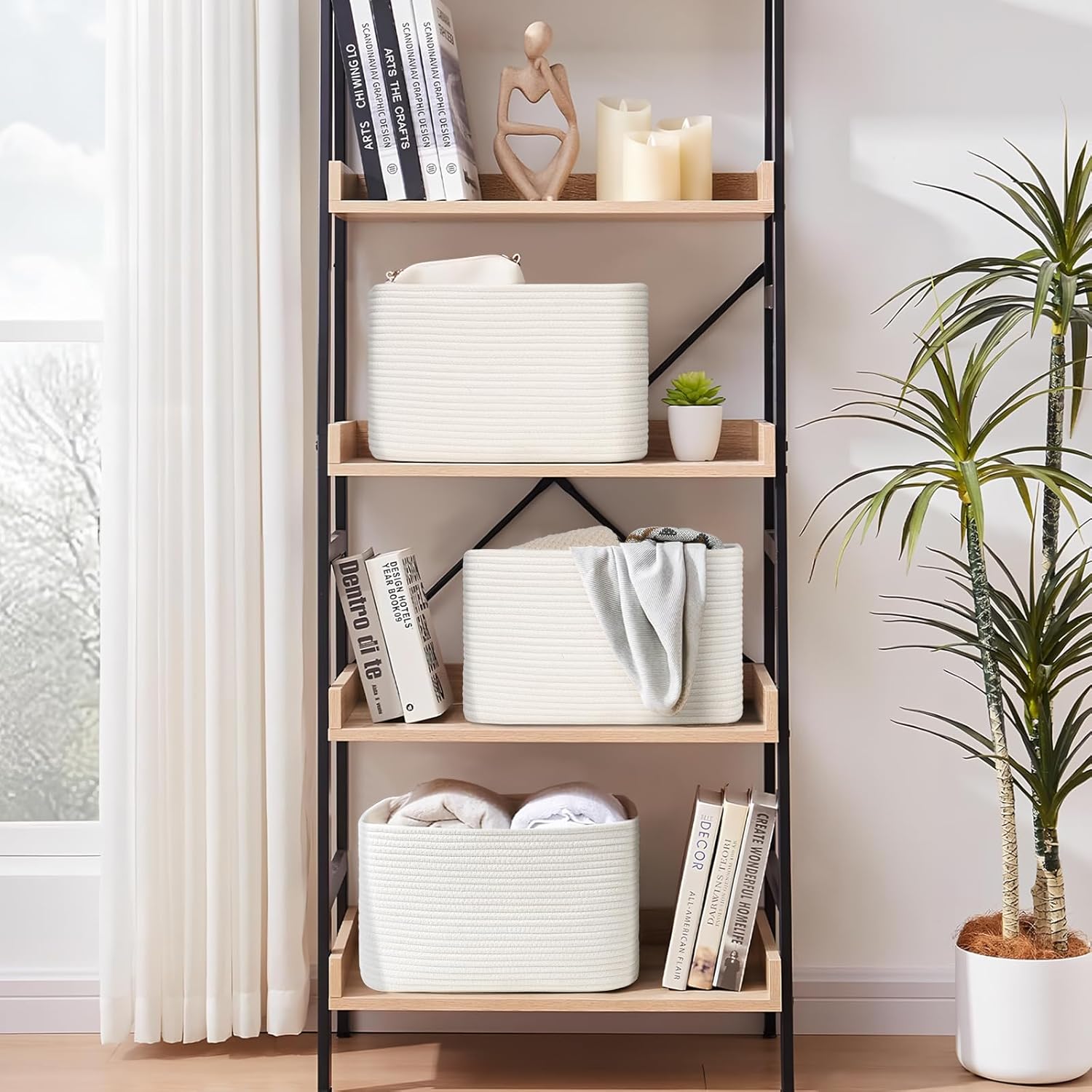 3-Pack Shelf Baskets for Organizing, Woven Storage Basket for Shelves, Cotton Rope Storage Bins for