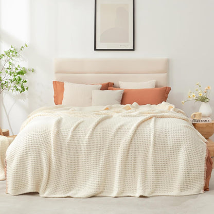 Snuggle Sac Cream Bedding Blankets Queen Size 90x90 inches, Reversible Microfiber Fluffy Fuzzy Soft