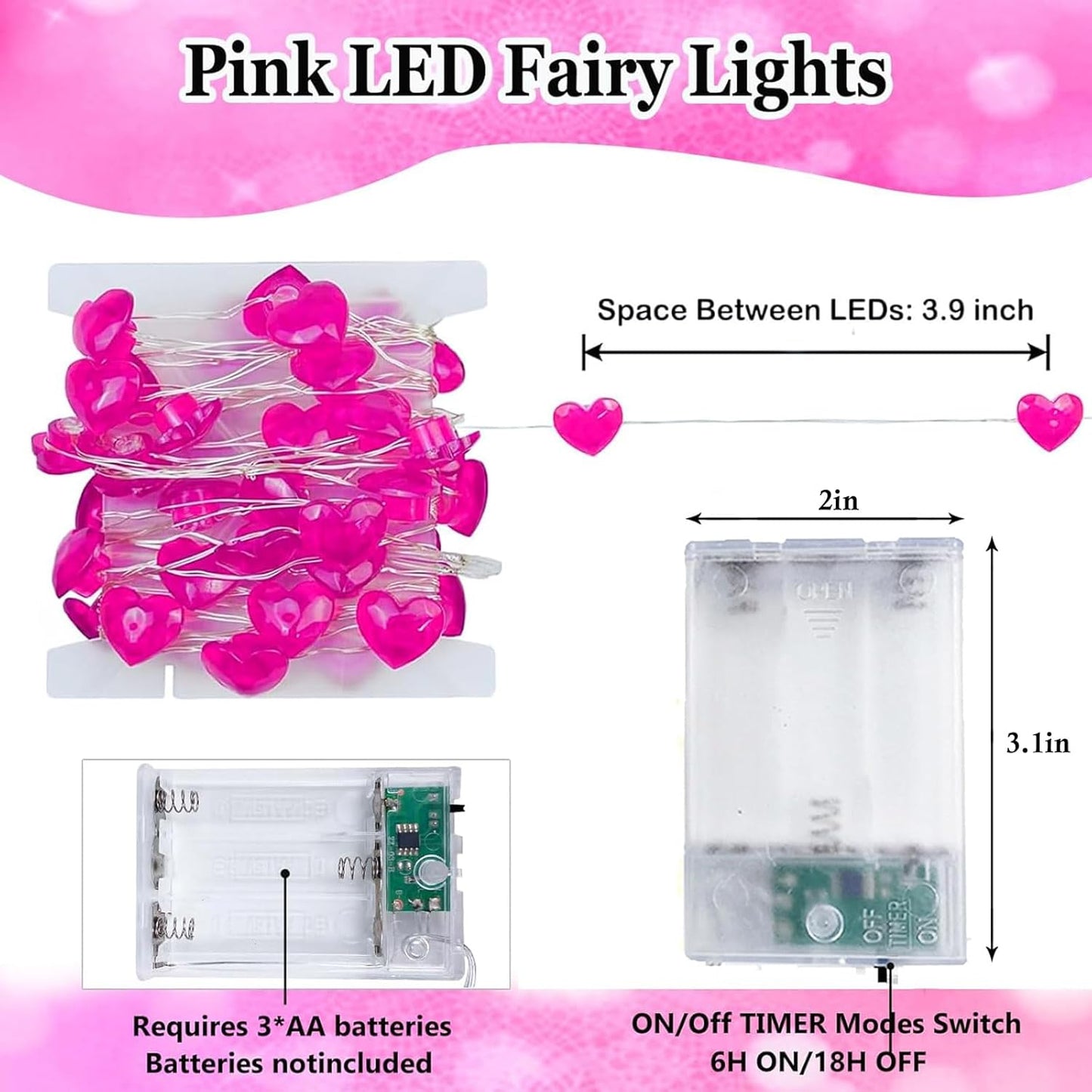 10FT Pink Heart Fairy Lights Battery Operated with Timer for Mothers Day Decoration, LED String