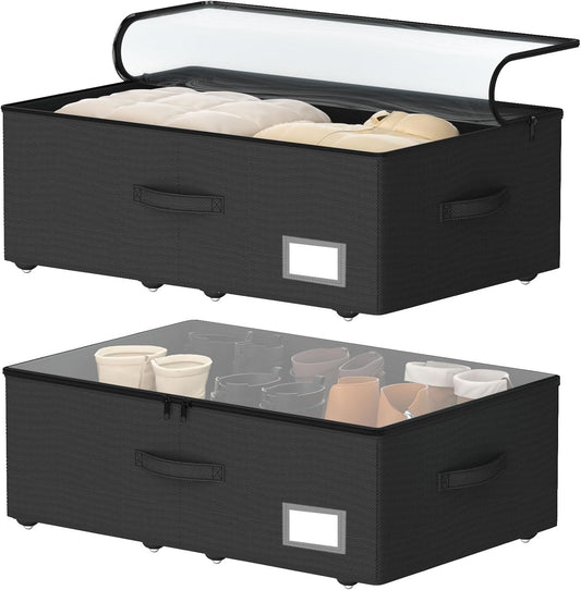 Underbed Storage Bins With Wheels, No Assemble Required 10 inches Height Large Capacity Rolling