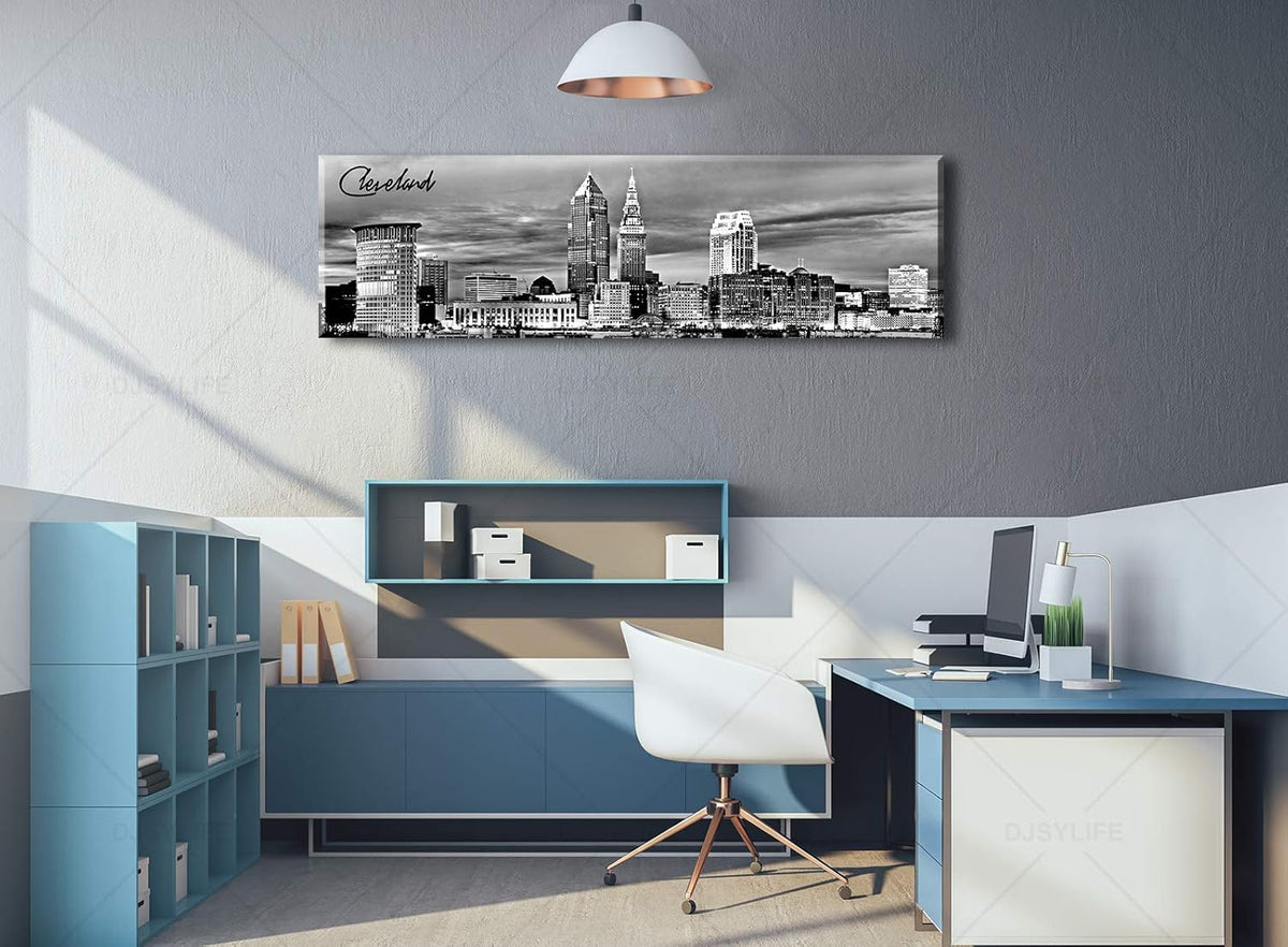 Cleveland Skyline Decor Wall Art Canvas Prints Black and White Night View USA Cityscape Panoramic
