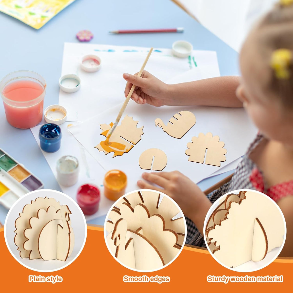 COCHIE DIY 3D Turkey Thanksgiving Wood Crafts to Paint for Kids Adults, Paintable Unfinished Wooden