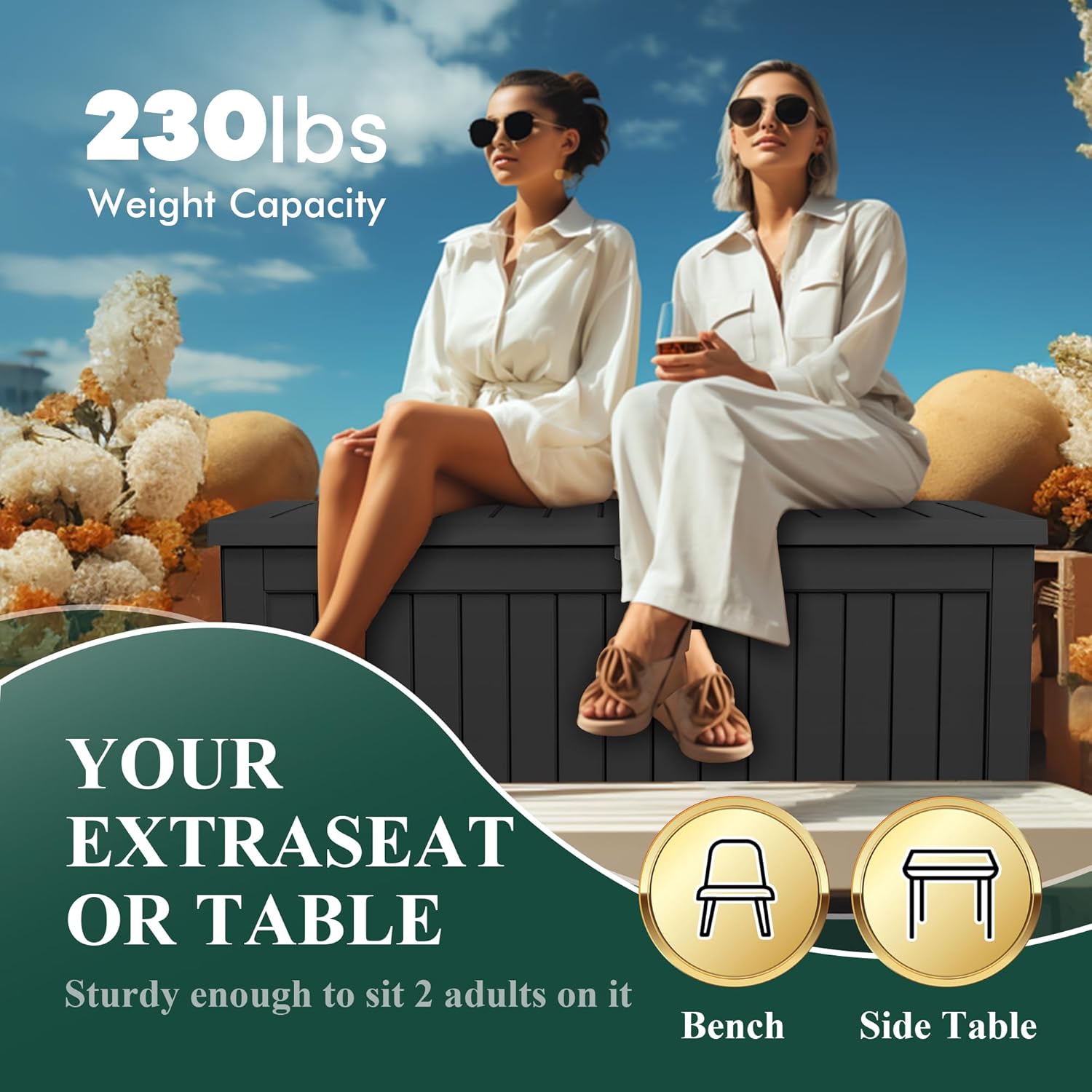 Vixzen 230 Gallon Resin Deck Box, Lockable Outdoor Storage Box for Patio Cushions Storage