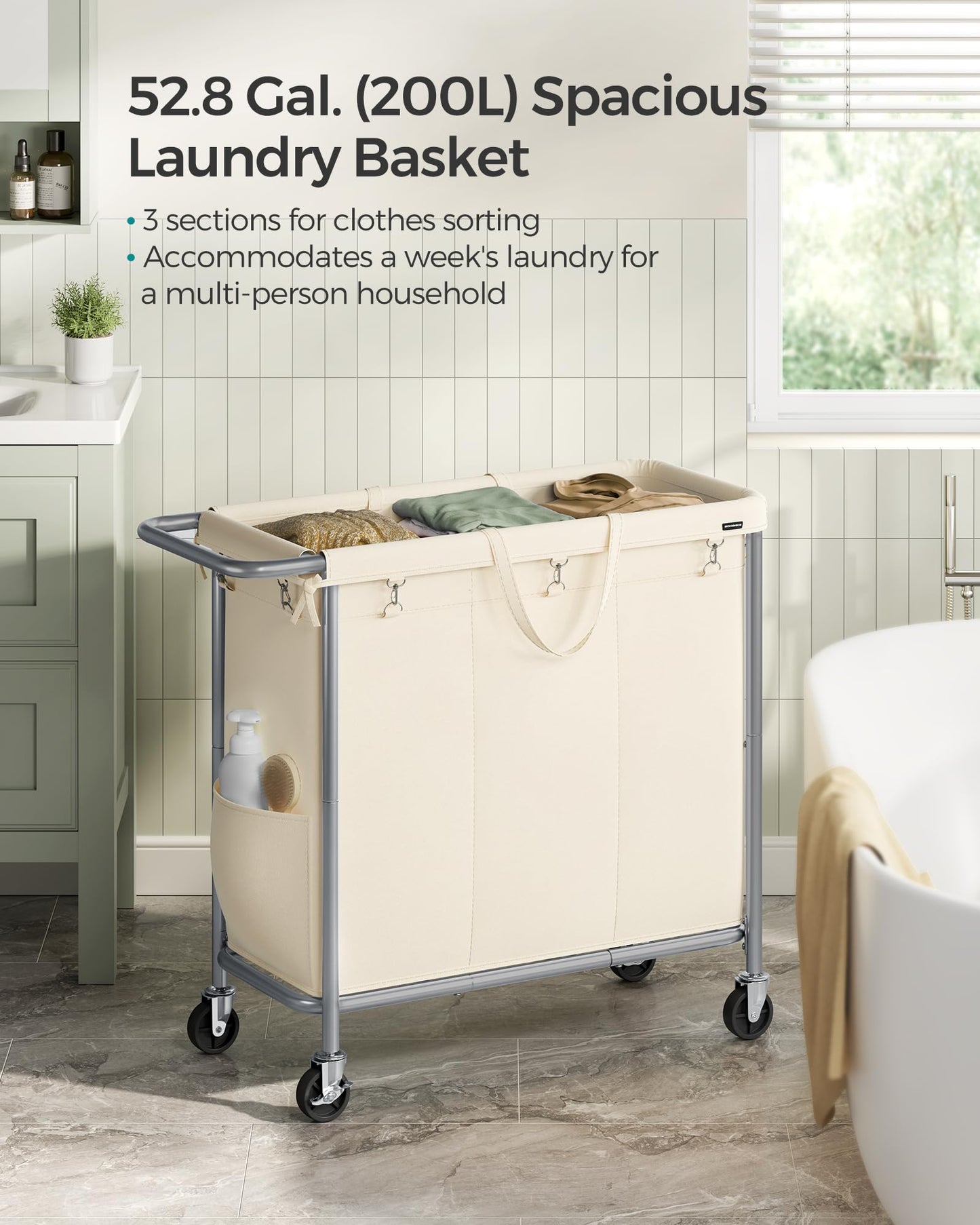 SONGMICS Laundry Basket with Wheels, 3-Section Rolling Laundry Hamper, 52.8 Gallons (200 L)
