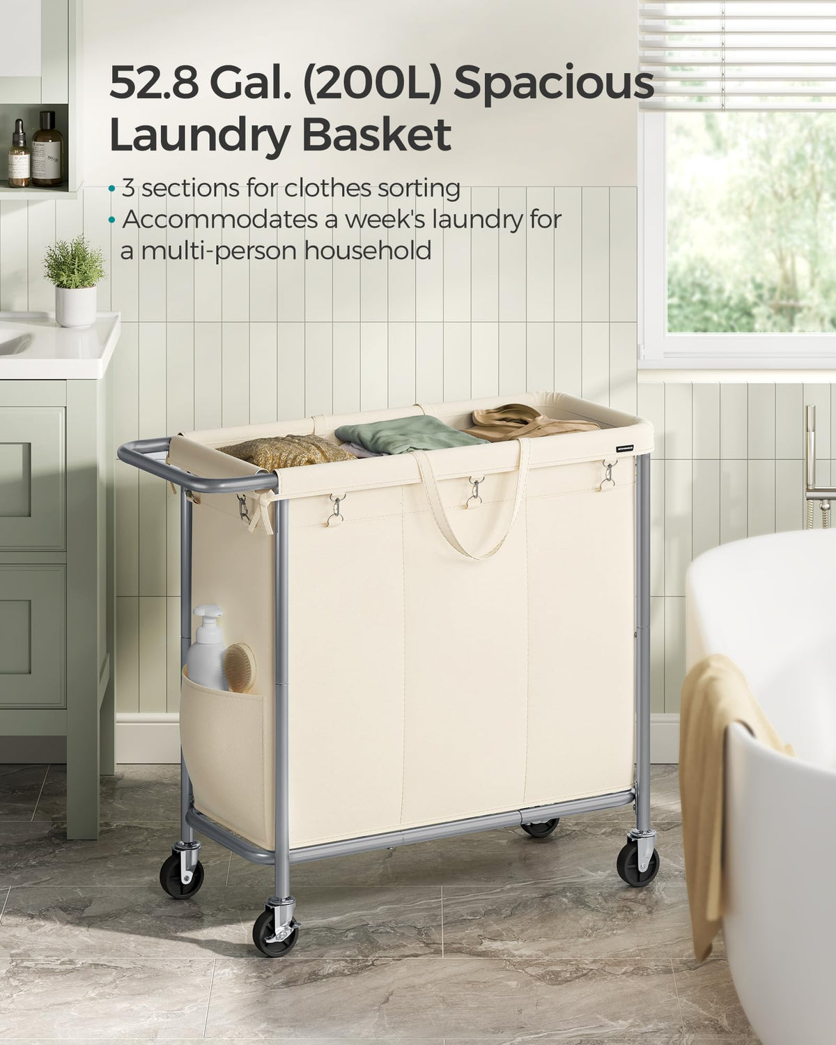 SONGMICS Laundry Basket with Wheels, 3-Section Rolling Laundry Hamper, 52.8 Gallons (200 L)