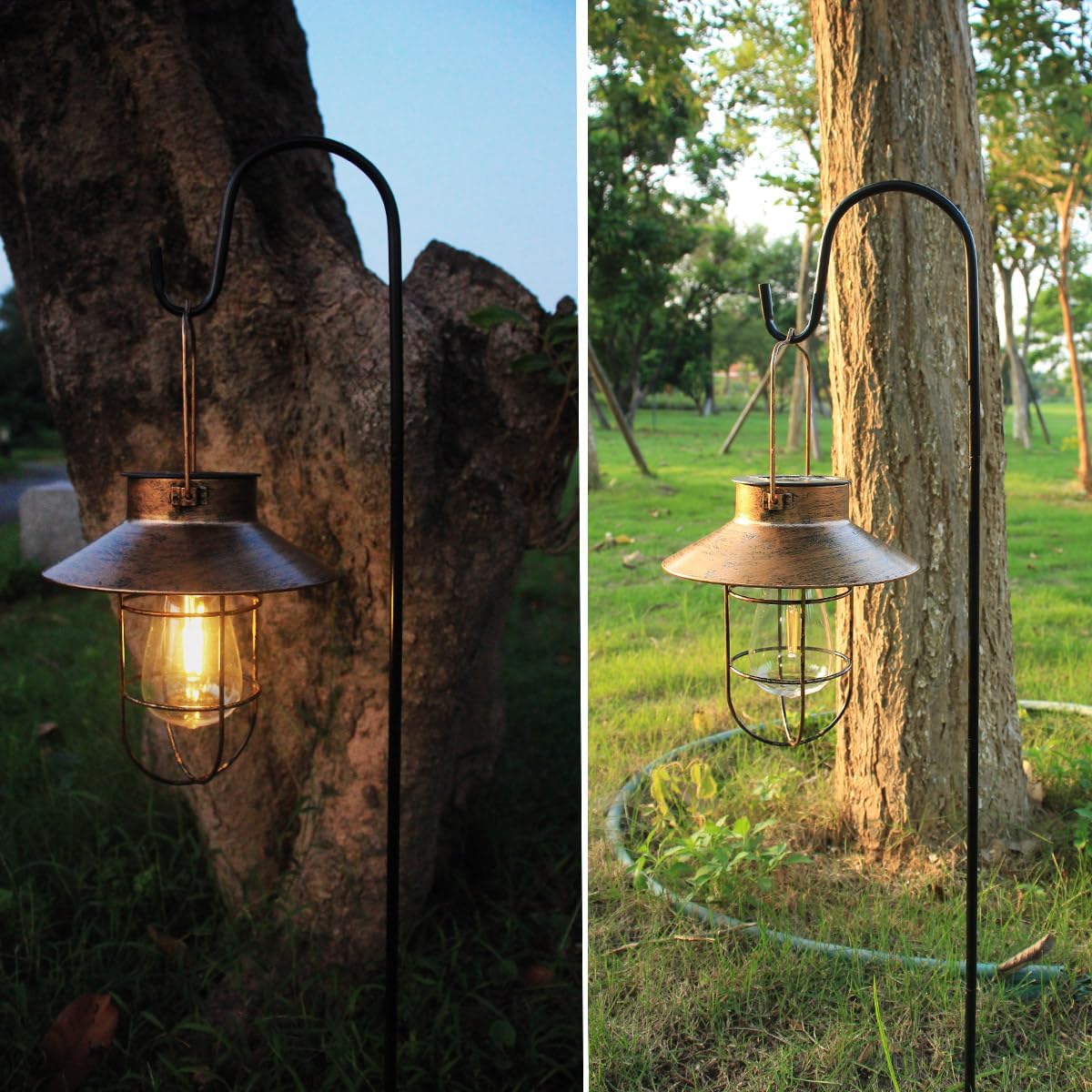 2 Pack Solar Lanterns, Outdoor Hanging Lights Metal with Shepherd Hook Warm White Edison Bulb