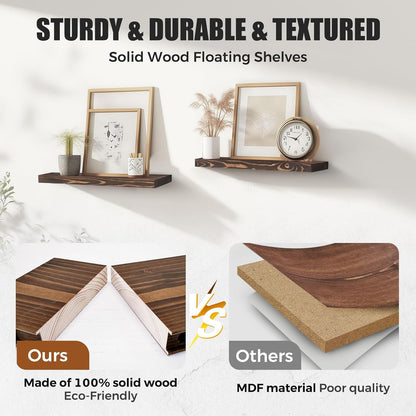 Floating Wall Shelves - 16"x6.8"x1.2" Sturdy Rustic Brown Solid Wood Shelves for Storage and Décor