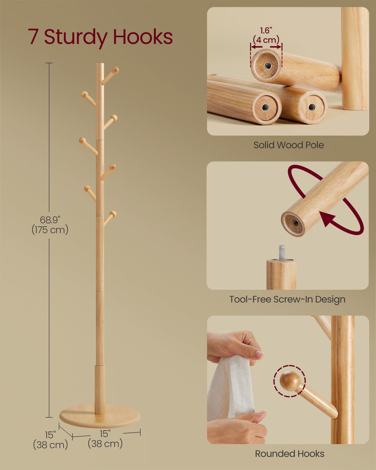 VASAGLE Solid Wood Coat Rack, Free Standing Hall Coat Tree with 7 Hooks, 3 Height Options, for