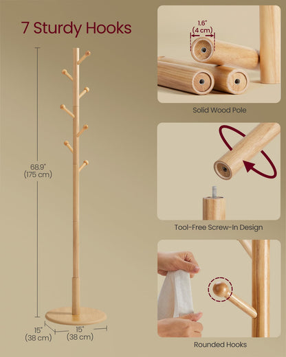 VASAGLE Solid Wood Coat Rack, Free Standing Hall Coat Tree with 7 Hooks, 3 Height Options, for