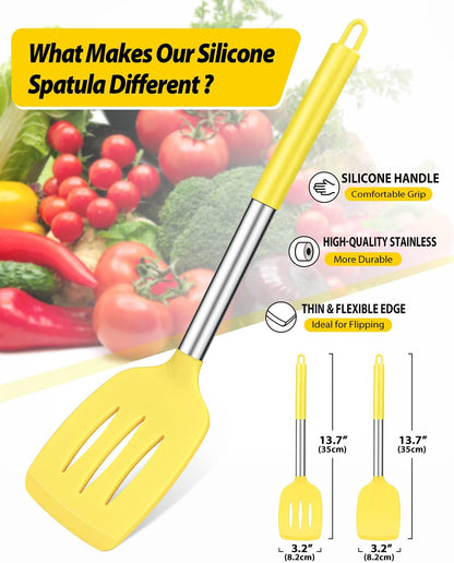 Pack of 2 Silicone Solid Turner, Non Stick Slotted Kitchen Spatulas, High Heat Resistant BPA Free