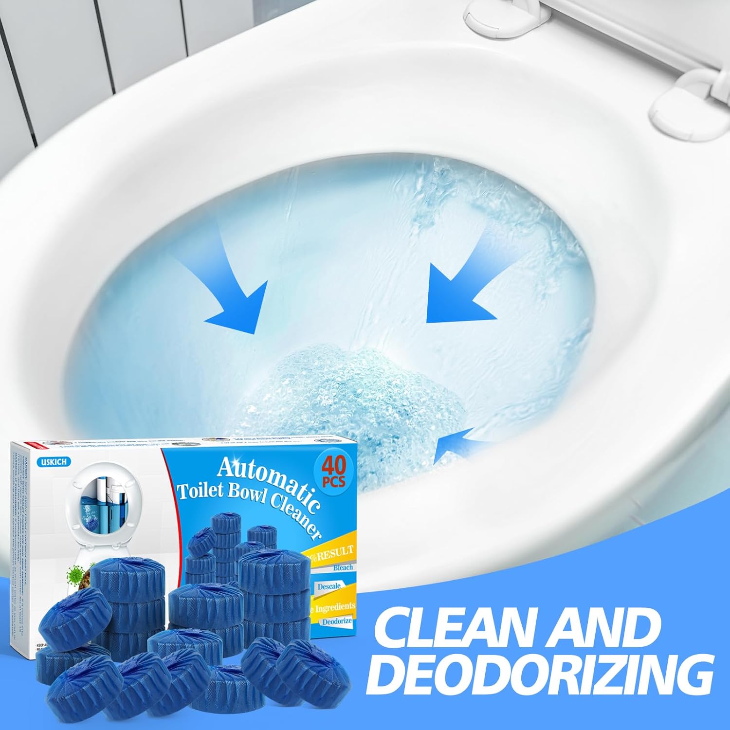 Toilet Bowl Cleaner Tablets 40 PACK, Blue Automatic Toilet Cleaner with Bleach, Using