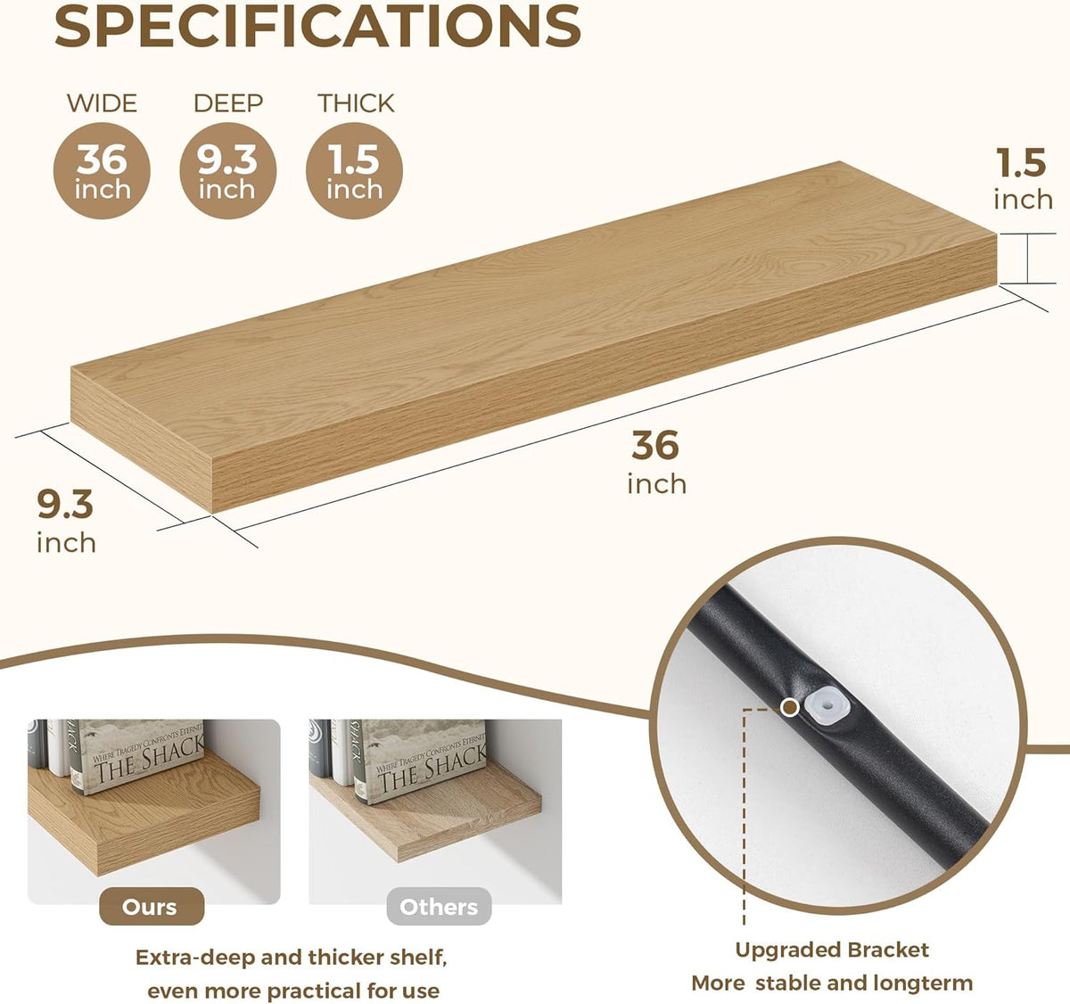 Dreamland 36 Inches Floating Shelves for Wall, 9.3" Deep Long Floating Shelves Set of 2, Large