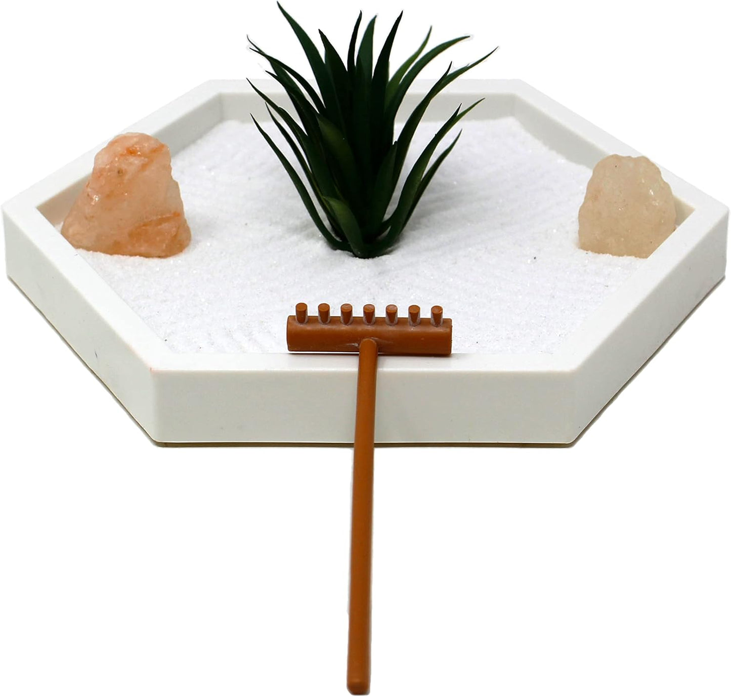Nature's Mark Mini Zen Garden Kit for Desk with White Sand, Rake, White Base, Salt Rock and Air