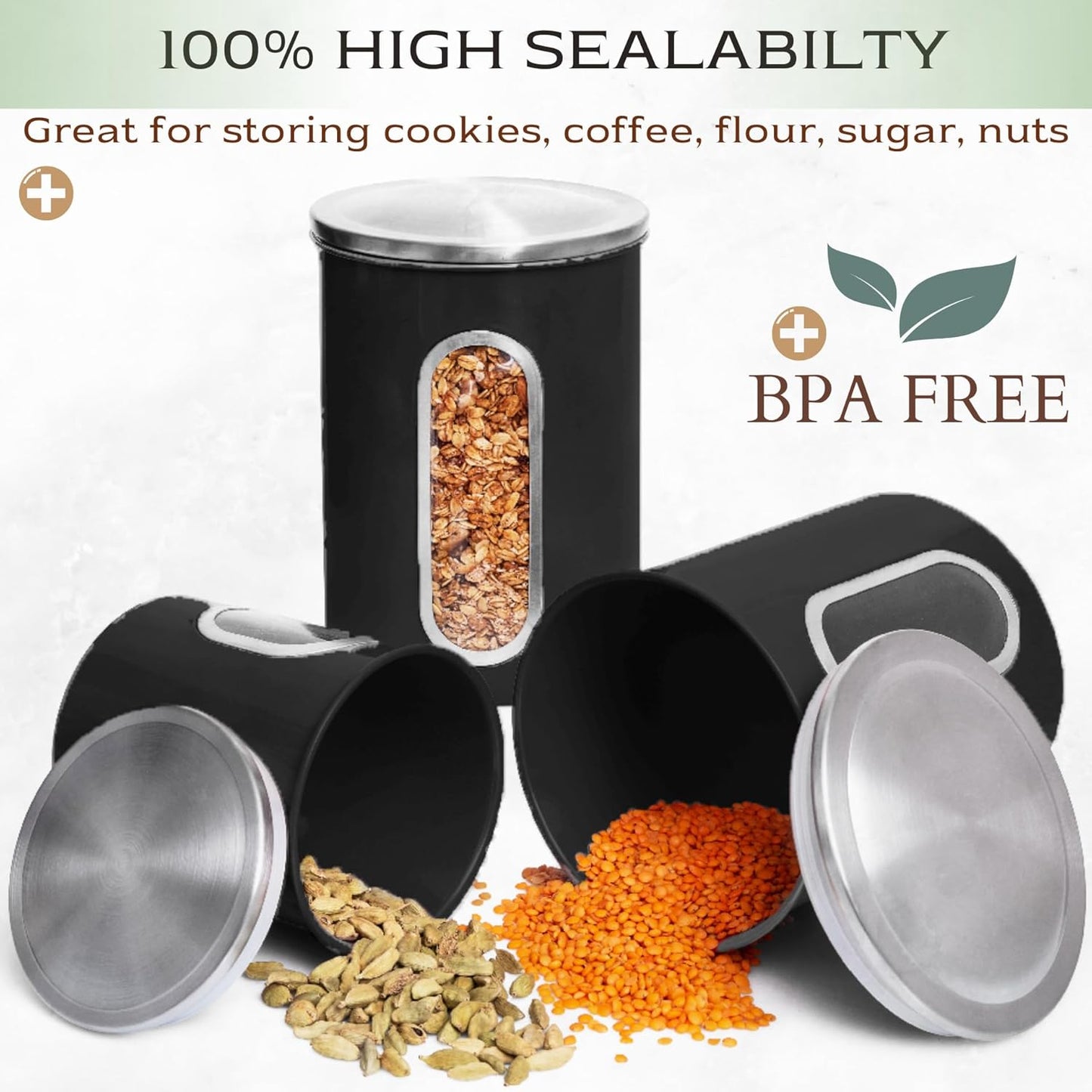 Moss & Stone 3-Piece Black Canisters Sets For The Kitchen, Airtight Canister Set With See Through