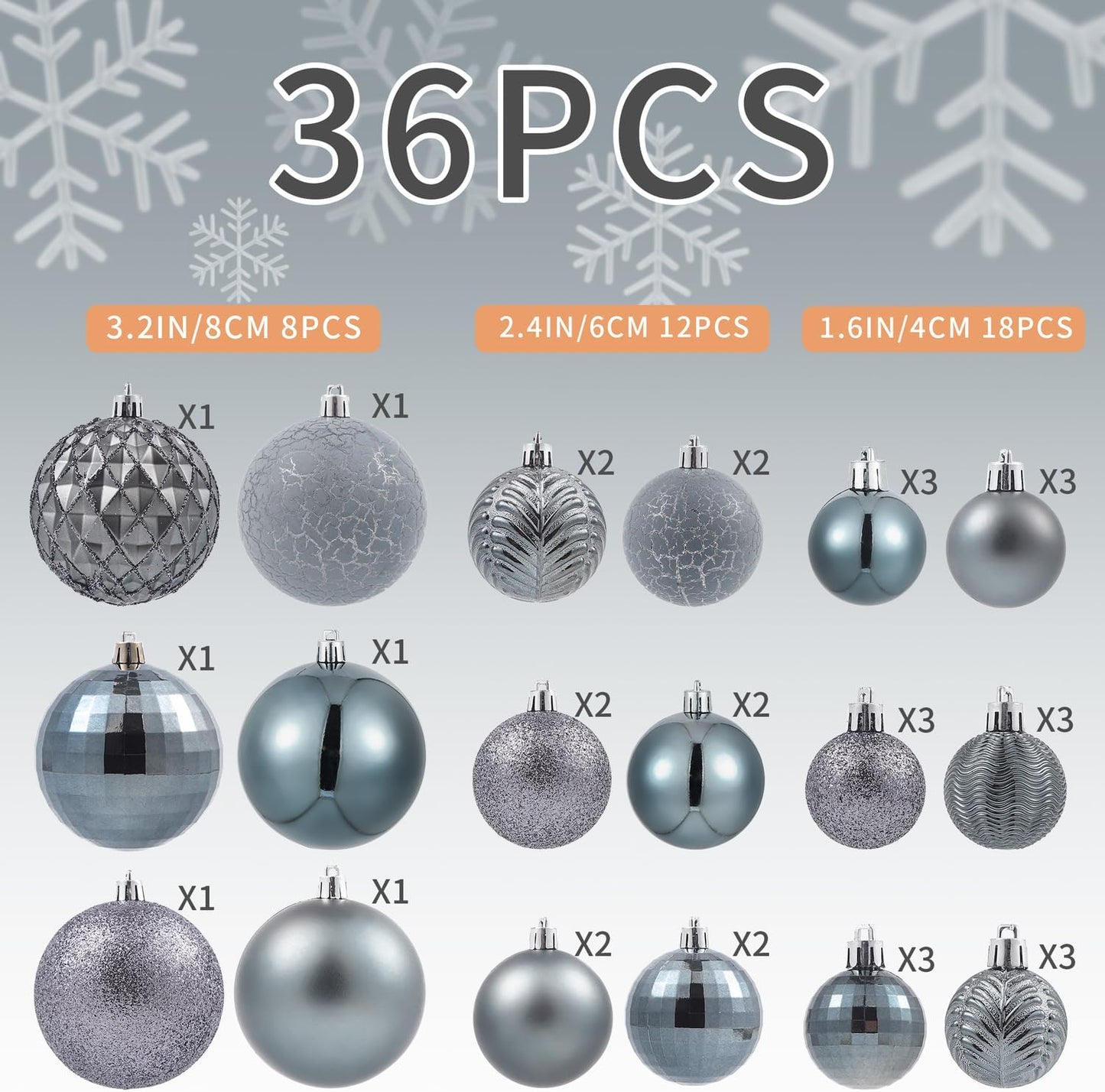 LANGXUN 36pcs Gery Christmas Tree Decorations Balls, Bolas De Navidad, 2025 Christmas Decor, Indoor