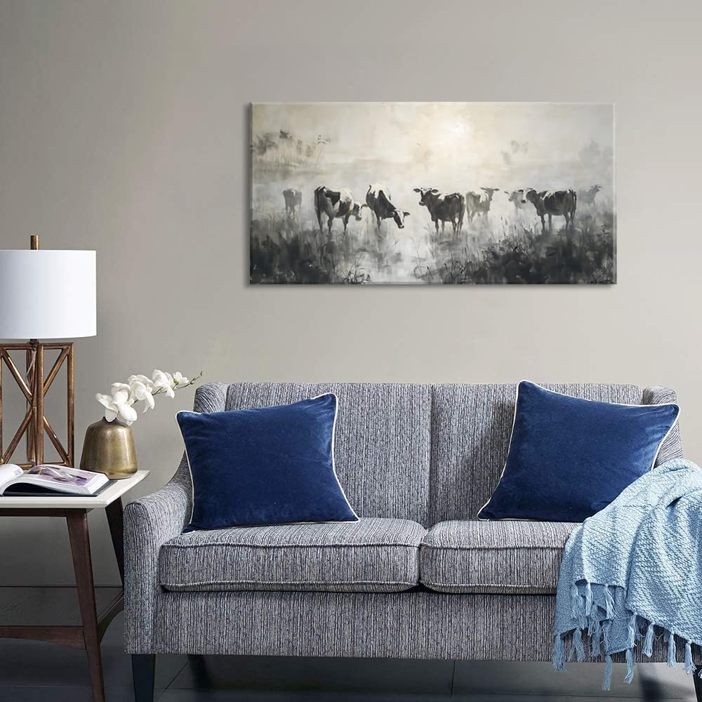 LASMOND Black and White Cow Wall Art for Living Room Ink Wash Canvas Painting Prints Morning Cattle