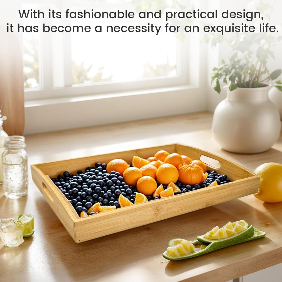 Bamboo Serving Tray with Handles Set of 3 - Decorative Wooden Trays for Eating, Working, and