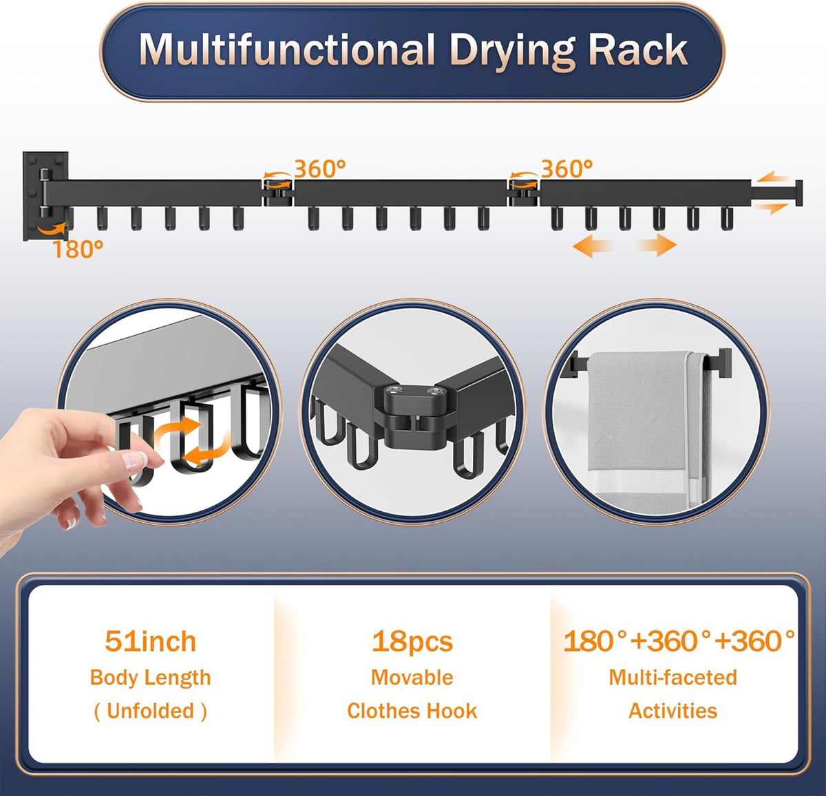 Space Saver Clothes Drying Rack, Wall Mounted, Retractable, Collapsible(Tri-Fold), for Balcony