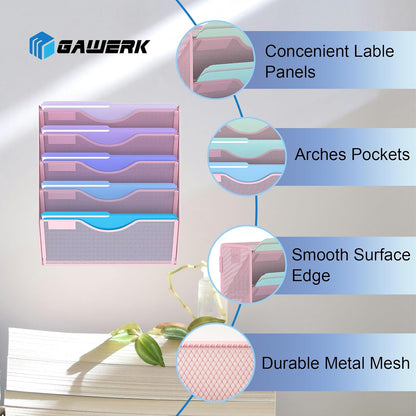 5 Tier Hanging Wall File Organizer, Mesh Mail Paper Orgnization Hanging File Folder Holder for Home