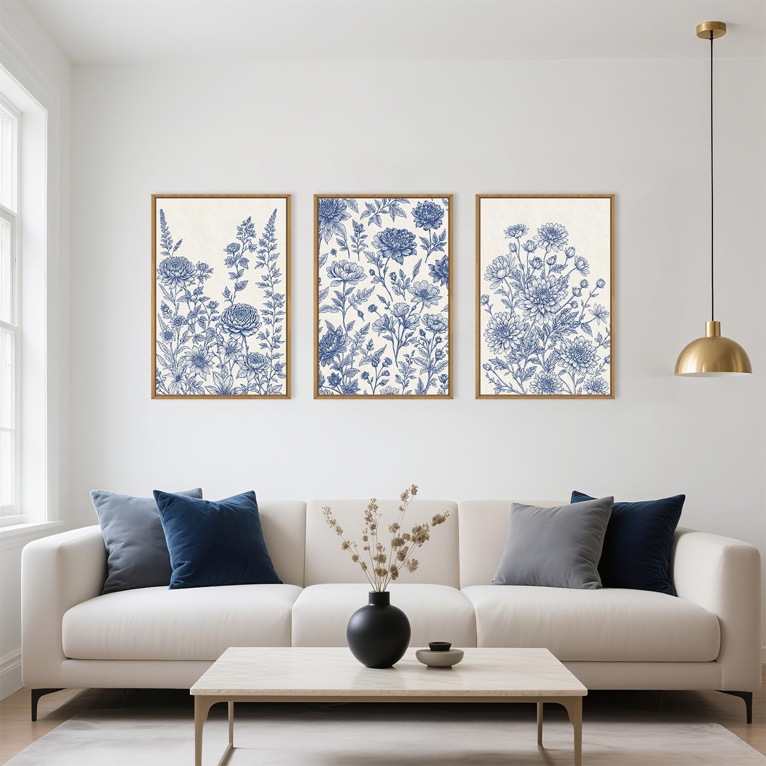 Classic Chinoiserie Floral Framed Canvas Wall Art Set, Blue and White Flower Wall Decor, Navy
